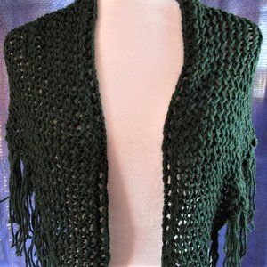 Dark Green Forest Fae Hand Knit Fringed Shawl